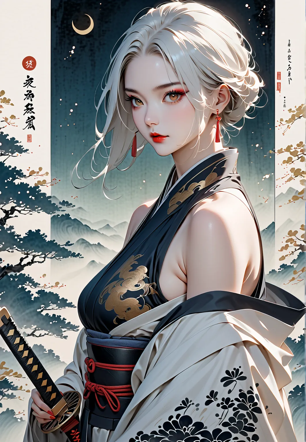 Ink Painting, Delicate and precise, Modern ukiyo-e style, a mature woman, geisha makeup, golden eyes, thick makeup, bare shoulders, white hair, hkwarrior, holding katana, half body