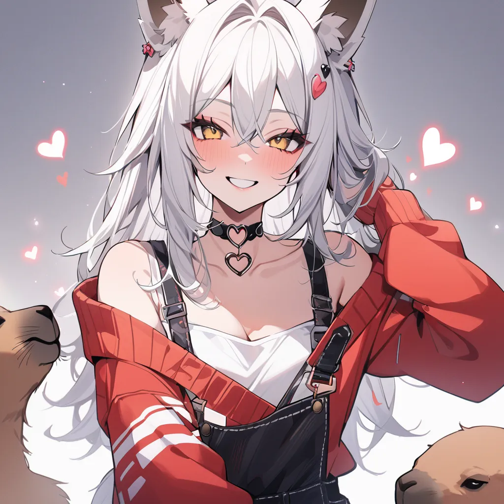 , zoo keeper々）, sexy smile beauty, heart shaped choker, (masterpiece, highest quality), capybara art, beautiful and aesthetic: 1.2), (1 girl), very detailed, (cute zoo art: 1.3), white red colorful, white long hair、yellow eyes, fox ear, overalls dress, red...