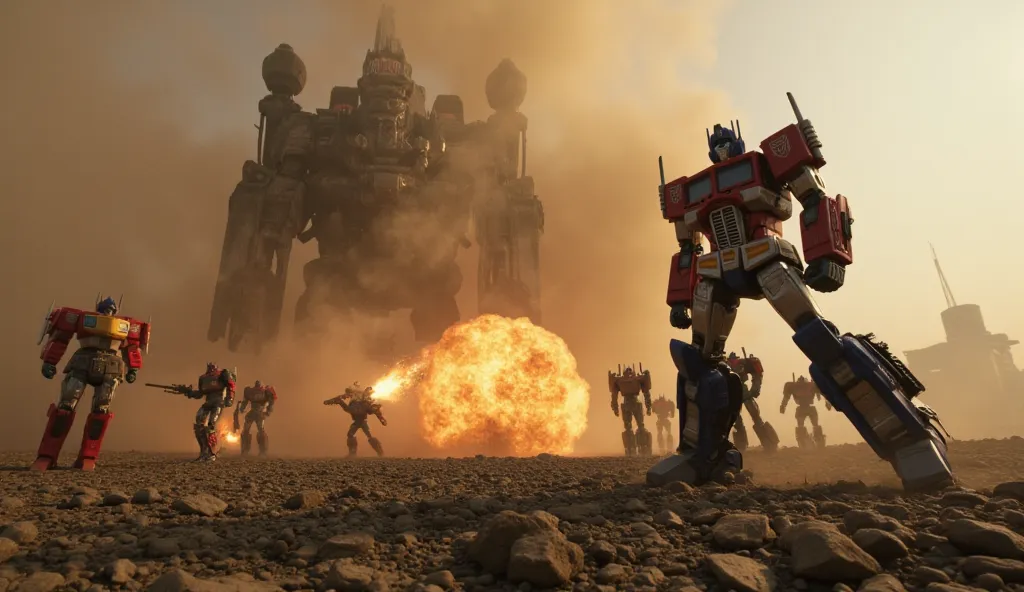 The Final Stand – Battle Begins

Prompt: A group of Autobots led by Optimus Prime stands against Unicron in the ruins of a destroyed city. Smoke fills the air as war machines clash. The camera moves in a sweeping arc around Optimus Prime, who grips his swo...