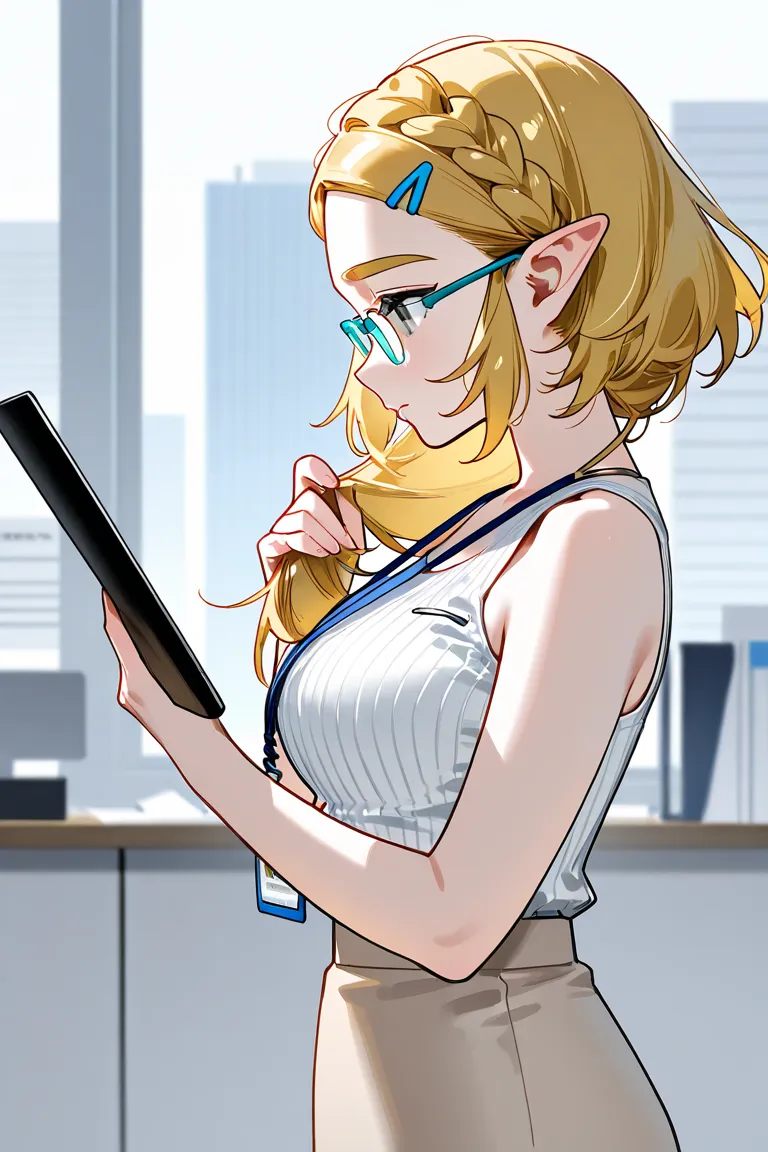 Princess Zelda in the real world as an office worker wearing real-world office worker clothes, side view, Scountenance and posture of an office worker, light green and gray eyes, glasses, White ribbed tank top, office worker's hair, beige skirt, office wor...