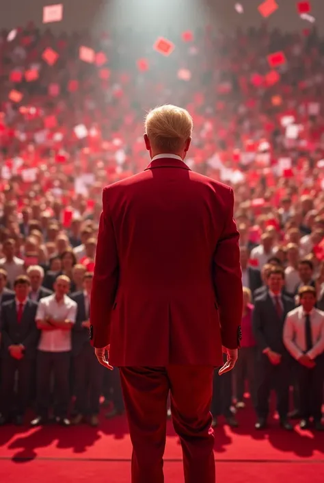 A politician wearing a red ballet and a red suit on a big crowd rally