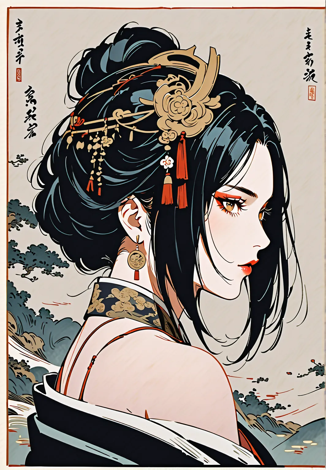 Ink Painting, Delicate and precise, Modern ukiyo-e style, a mature woman, geisha makeup, golden eyes, thick makeup, bare shoulders, long black hair, hkwarrior, holding katana, half body