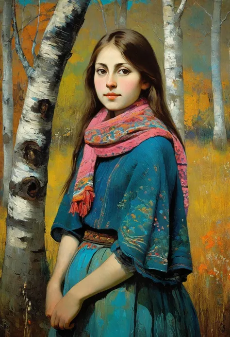 a young Russian girl, against the background of dark studio, complex detailing, aged canvas, "the girl " (in the style of Odilon-Redon, depicted in oil on canvas),
a beautiful girl with close head brown hair in a scarf, hugging the trunk of a birch tree dr...