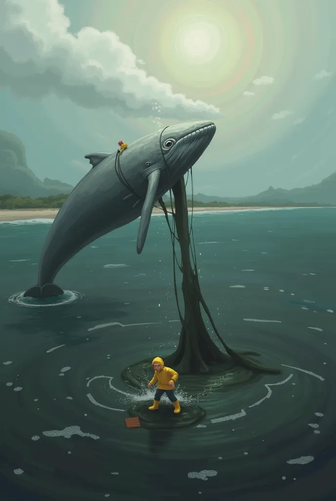 Cartoon of a landscape of the sea with a whale and a  all very colorful
And a boy saving her from an oil spill