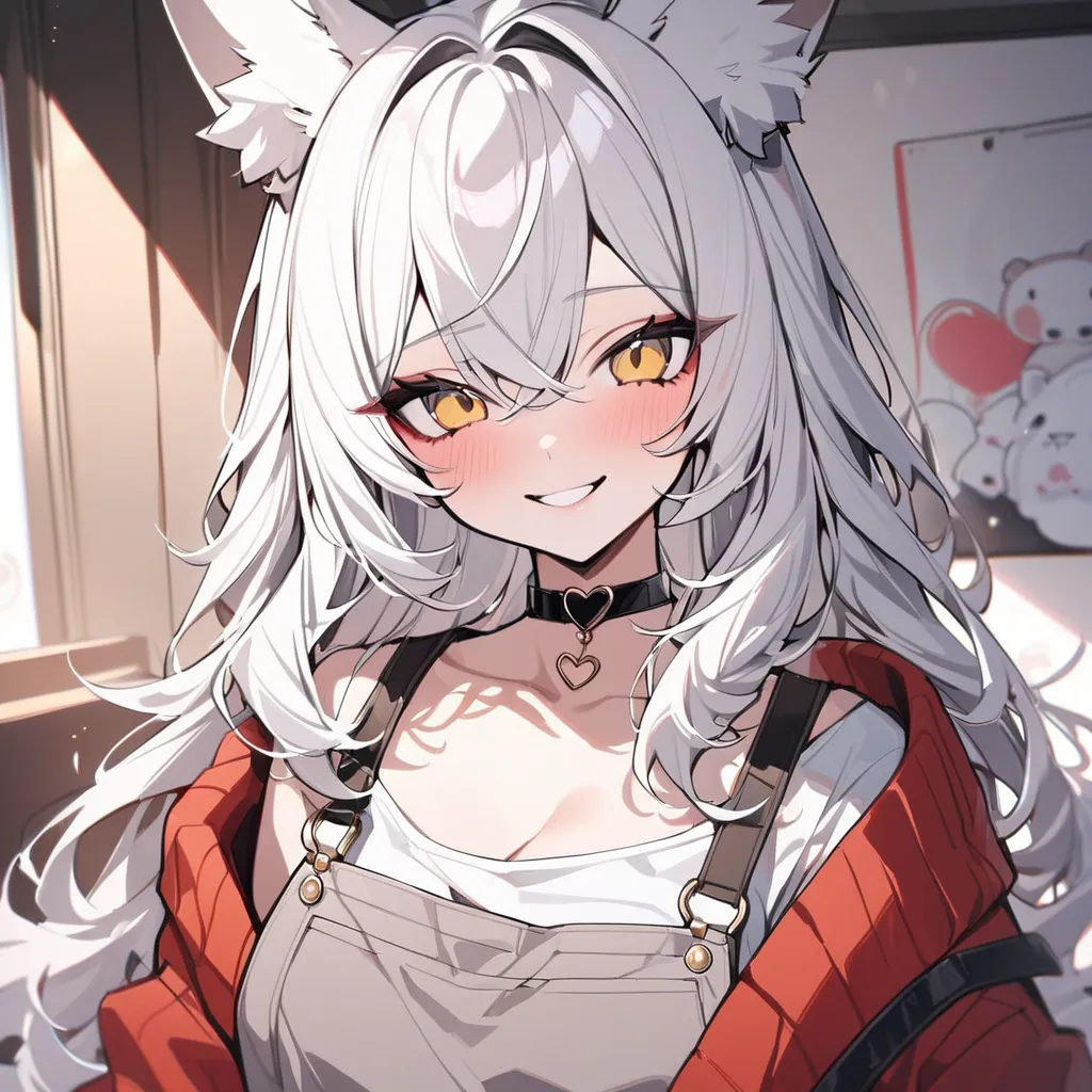 , zoo keeper々）, sexy smile beauty, heart shaped choker, (masterpiece, highest quality), capybara art, beautiful and aesthetic: 1.2), (1 girl), very detailed, (cute zoo art: 1.3), white red colorful, white long hair、yellow eyes, fox ear, overalls dress, red...