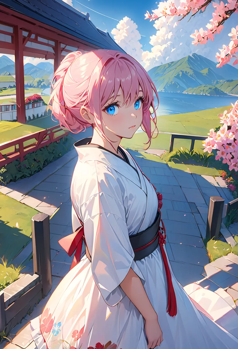 High Resolution, masterpiece,Mitchon Shikimori, pink hair, Alone, 1 girl,outside,detailed background, detailed eyes, (( blue eyes))