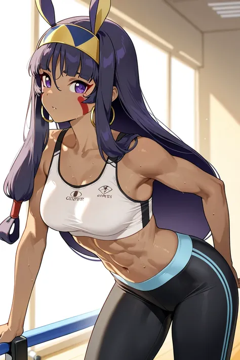 create a Nitocris image(caster) wearing sportswear while exercising at the gym, Only Nitocris should appear in the image(caster), without wearing glasses and without changing the color of the hair