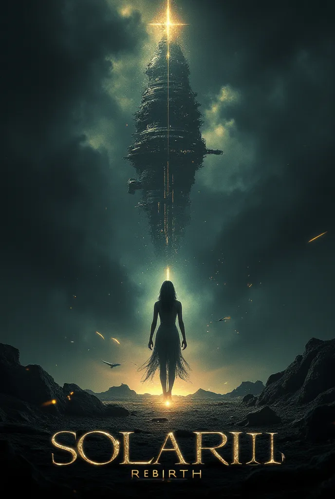 Cinematic film poster for 'Solaris: Rebirth', featuring a haunting, atmospheric depiction of a space station looming in the darkness of space, with a ghostly, ethereal figure of a woman (Hari) floating in the foreground, surrounded by a halo of light. Use ...