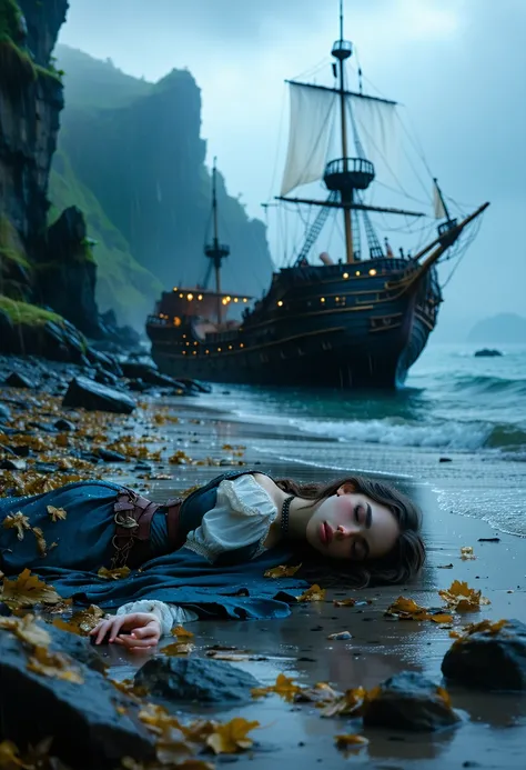 absolutely realistic, very detailed, dark and wintry atmosphere, low and cold light, it's raining. A deserted beach of a rocky island, on the beach there is the wreck of a pirate galleon, pieces of the wreck scattered.

A beautiful pirate girl lies unconsc...