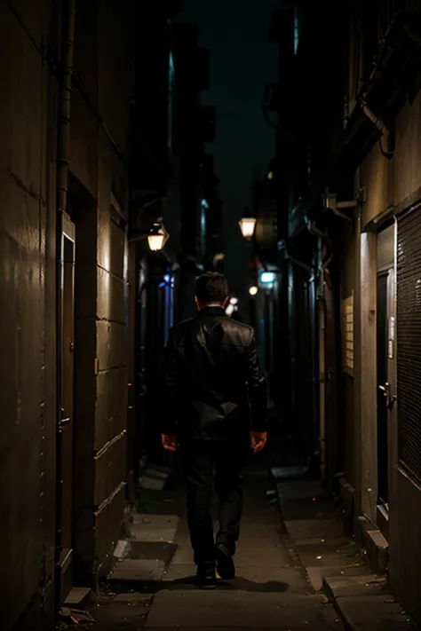 A man walking down a dark alley