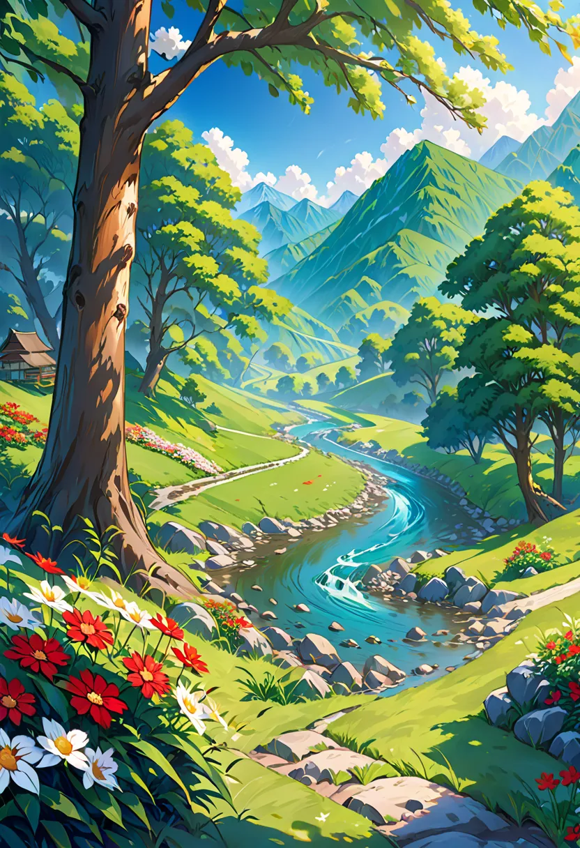 tree々 wide picture of a creek flowing through a lush green forest, Detailed painting 4k, 山 川 tree,  Anime Landscape Wallpaper ,  beautiful 4K art,  anime rural landscape,  detailed landscape — width 672 ,   Beautiful Digital Painting  , 4K highly detailed ...