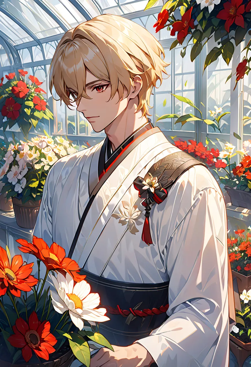 very delicate and beautiful, amazing, fine detail, masterpiece, 超High Resolution, High Resolution, best illustration, Best Shadow,complicated,sharp concentration,  high quality, 1 male, Alone,  blond hair. red eyes,  Kave Genshin Impact , Glass greenhouse,...