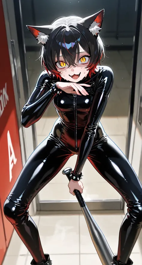 girl focus, upper body focus, solo girl, short hair, cat ear fluff, slit pupils, multi-colored leather bodysuit, punk fashion, :3, iron corridor, bowlegged pose, crazy eyes, laughing, surprised, sweat, ojou-sama pose, holding a baseball-bat, 1 baseball-bat...