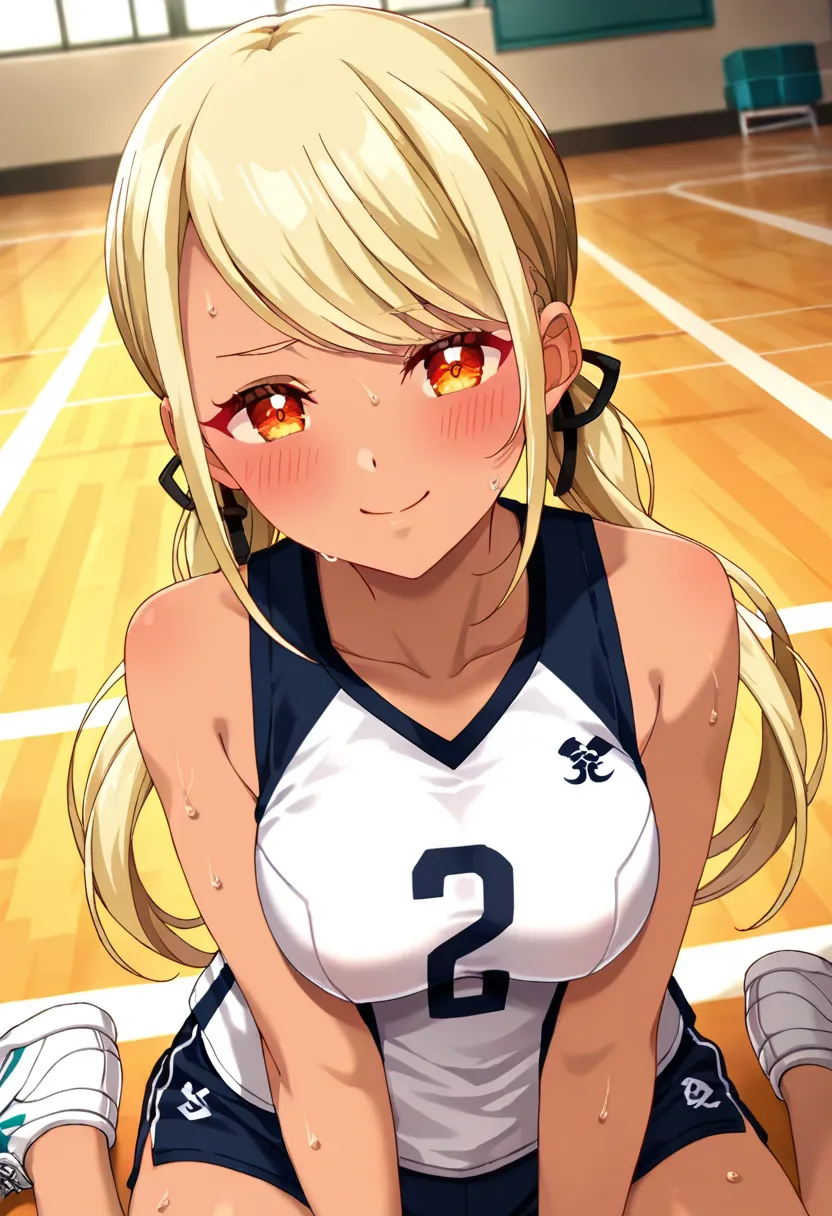 (anime screencap, masterpiece, best quality), Intricate details, indirect lighting, upper body, (Focus on the breasts), looking at viewer, sitting, full body, 1girl, medium breasts, (covered nipples:0.7), blush, smile, sweat, Volleyball Uniforms, indoors, ...