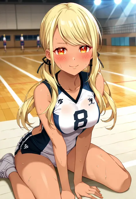 (anime screencap, masterpiece, best quality), Intricate details, indirect lighting, upper body, (Focus on the breasts), looking at viewer, sitting, full body, 1girl, medium breasts, (covered nipples:0.7), blush, smile, sweat, Volleyball Uniforms, indoors, ...