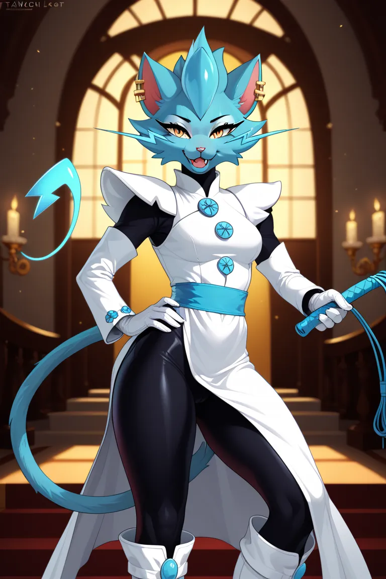 Furry, solo, anthropomorphic character, zeraora, a parody of tasque manager from deltarune, queen's mansion background, deltarune setting, [She has a white, diamond-shaped head, big yellow eyes with two long eyelashes, and a crescent-shaped mouth. From the...