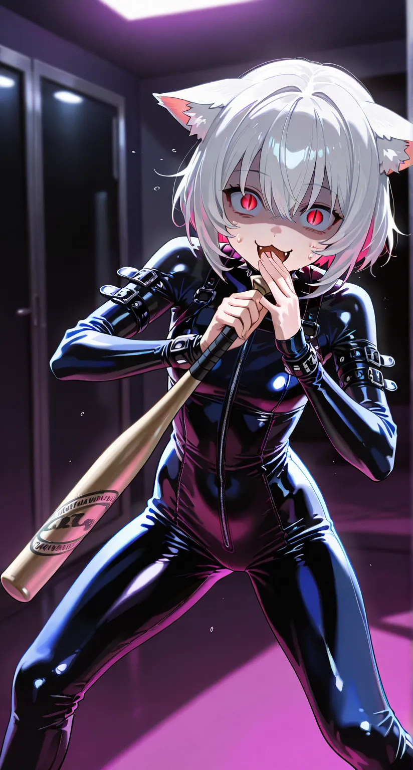 girl focus, upper body focus, solo girl, short hair, cat ear fluff, slit pupils, multi-colored leather bodysuit, punk fashion, :3, iron corridor, bowlegged pose, crazy eyes, laughing, surprised, shaded face, sweat, ojou-sama pose, holding a baseball-bat, 1...