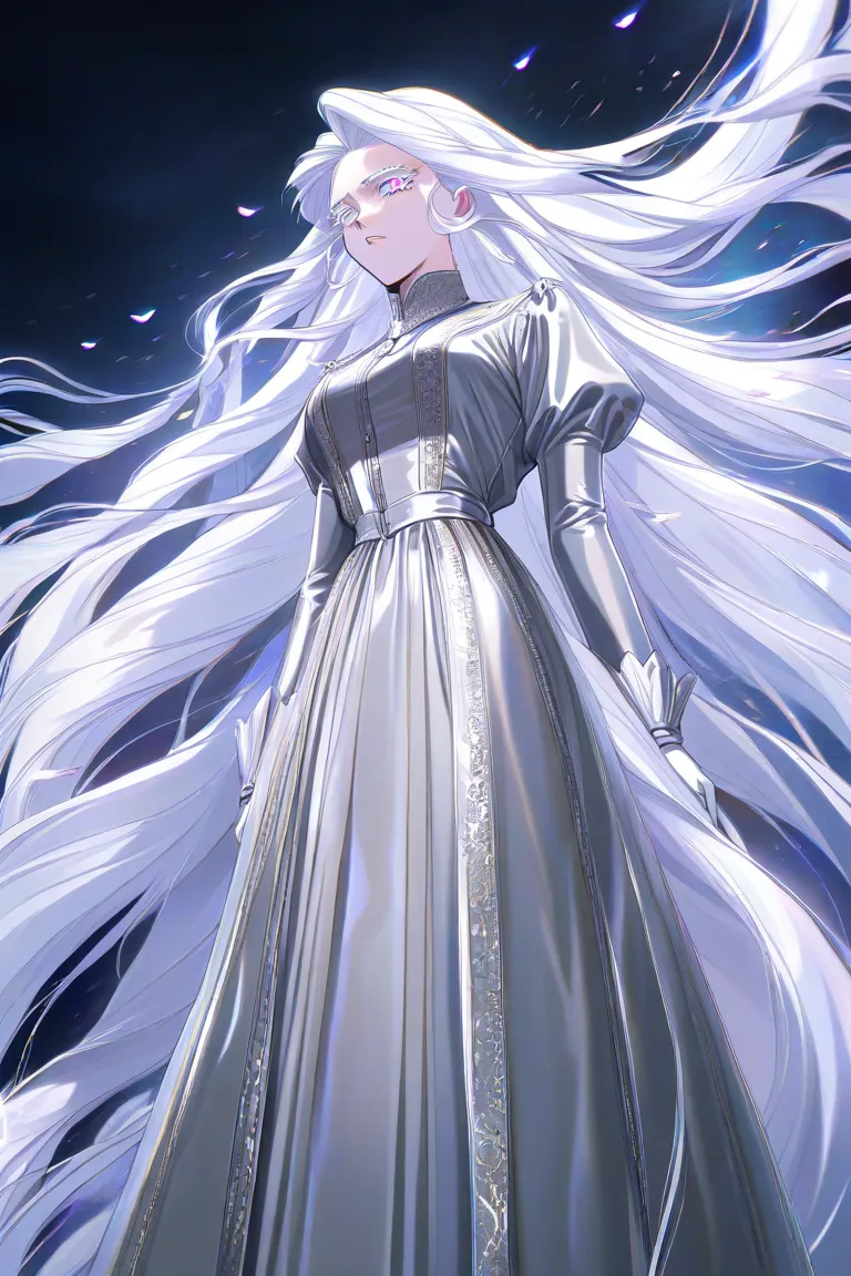 Albino, white skin, absurdly long hair, slender, violet eyes, 90s anime, ethereal beauty, shimmering white hair, lavender eyes, silvery glow, solo female, most beautiful women in the world, mature female, white eyelashes, 90s, volumous hair, silver Victori...