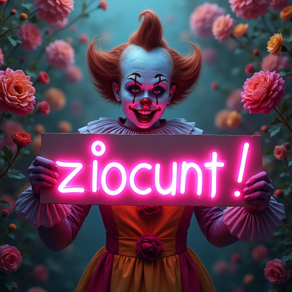 Pathetic female clown, sad, smirking, criticized, holding a neon sign with text "ZIOCUNT !" in pink colours with rainbow colour flowers background