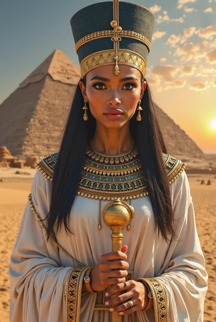 A royal woman, dressed in a white linen tunic richly decorated with gold and precious stones, } that sparkle under the hot desert sun. Her skin is golden by the sun, and her face is delicate but impressive, with eyes made up in black with the characteristi...