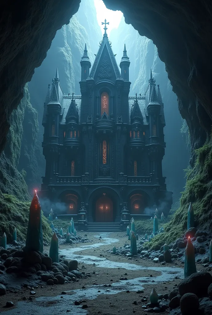 A mansion made of black stone, In the middle of a cave, several crystals on the ground, crystals sprouting from the ground,   low light
