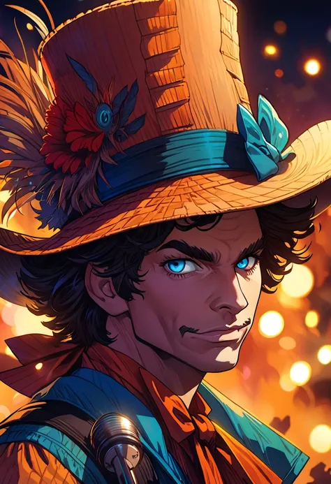 silk hat, John Picacio and Brom, Close up of a man wearing a Scarecrow , Best Behance ,  Mad Hatter , josan gonzalez と tyler edlin, Jack Davis,, character design, embers, Bright and bold colors, Macro Lens, Dark Fantasy, Decopunk, like movies, DSLR, Bokeh,...