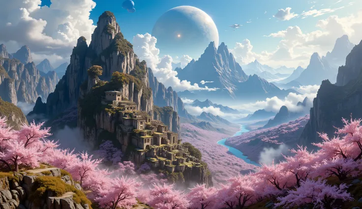 masterpiece, The ruins of Machu Picchu (cuzco)  slice, a large cherry blossom forest,  clouds everywhere ,  A planet in the sky , las ruinas de Machu Picchu muy  Detailed, hermoso bosque de flor de cerezos de color  slice, clouds all over the landscape, be...