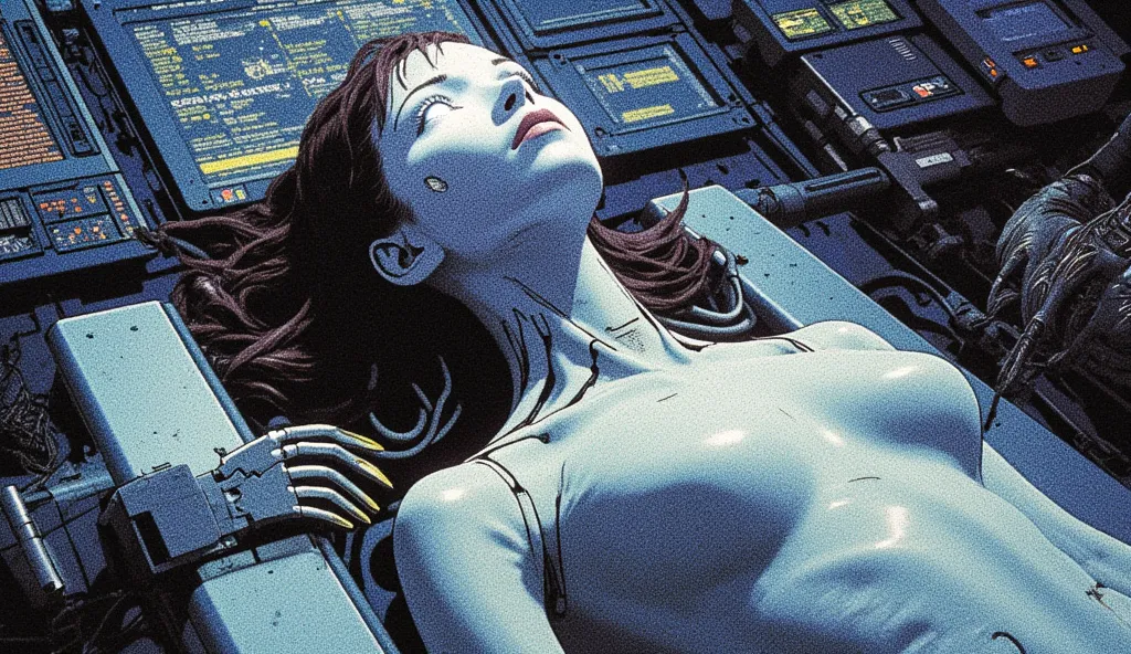 A woman with pale synthetic skin lies on a sleek metal operating table, cables running from her spine into a massive supercomputer. Her eyes suddenly snap open, glowing bright white as if she has just gained consciousness. The room is filled with floating ...