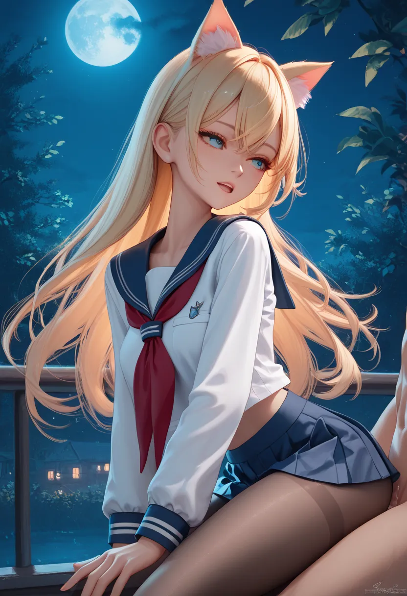 17-летняя Вайфу sexульно позирует, Night, she is wearing a sailor-style uniform and miniskirt,  tights , , 4K, blonde, cat ears, long hair, sex