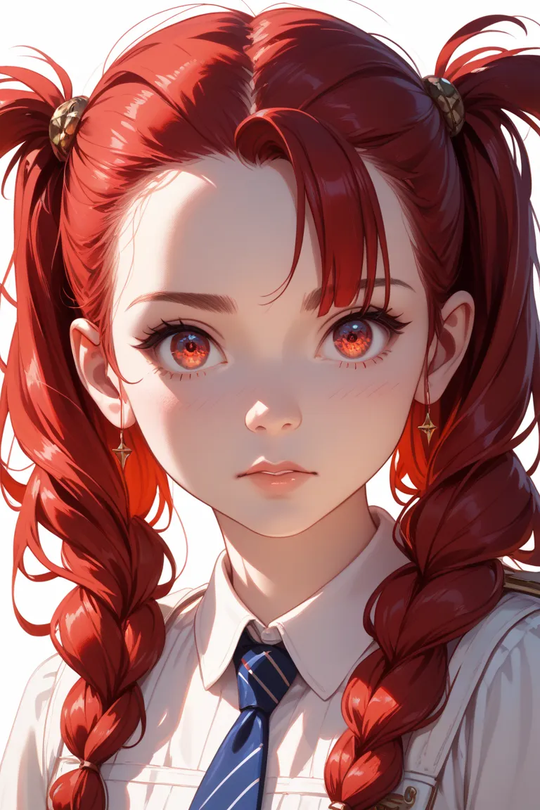  red hair　twin tails　My eyes are red too　the background is pure white　A  who is afraid of eyes