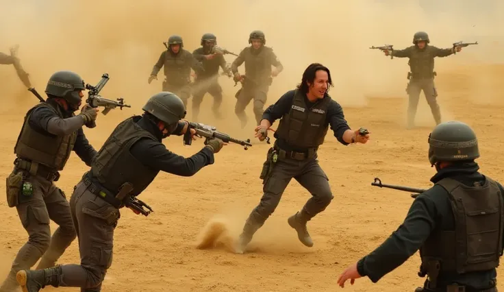 Photorealistic depiction of dynamic combat: Keanu Reeves engages in fierce battles, where every second counts; sudden movements, flashing blows, the smallest details of weapons and dust in the air, High dynamics.