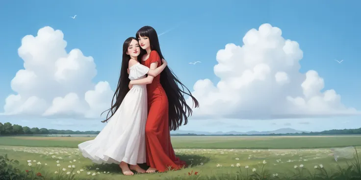 Two age girls suspended, long dress , straight black hair, Very long hair, freckles, detailed ribs, flat breasted, Medium and pointed breasts, full body, small bare feet, red lips, eyeliner, smile, LAWN, clouds, blue sky, sunny, Language, hug, Creamp...