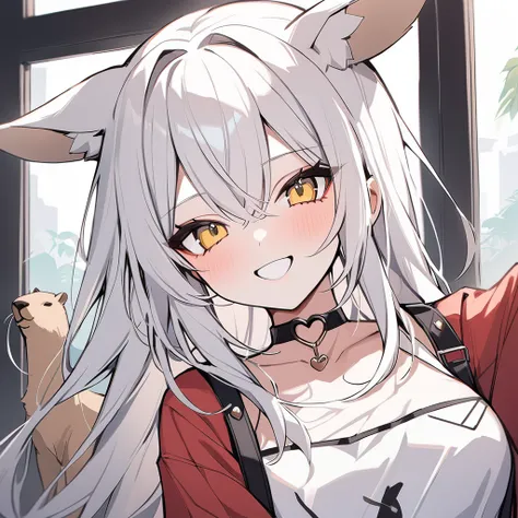 , zoo keeper々）, sexy smile beauty, heart shaped choker, (masterpiece, highest quality), cute capybara art, beautiful and aesthetic: 1.2), (1 girl), very detailed, (cute zoo art: 1.3), white red colorful, white long hair、yellow eyes, fox ears, overalls dres...