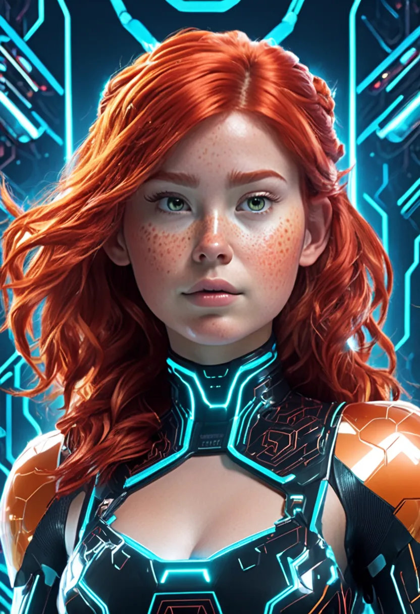 Natural intelligence inside a Tron-style cyber video game , With chubby, freckled red-haired girls in the game 