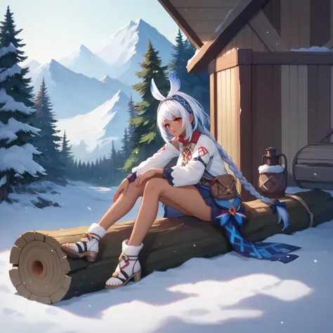 masterpiece, best quality, detailed eyes, detailed face, detailed skin, vivid eyes, score_9, score_8_up, score_7_up, 1girl, full body view, outside log cabin, snowy mountain, 1girl, solo, mualaniGi, white hair, blue hair, braid, hairband, dark-skinned fema...