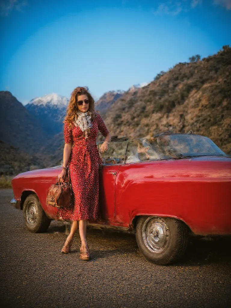 A stunning woman dressed in a vintage outfit, standing confidently beside a sleek, retro car in the majestic backdrop of the mountains. She is wearing a red polka-dot dress that flutters gently in the breeze, complemented by a white scarf tied around her n...