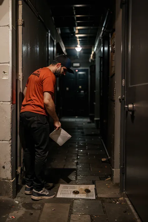 Man picks up an envelope from the floor in front of a door in a dark alley