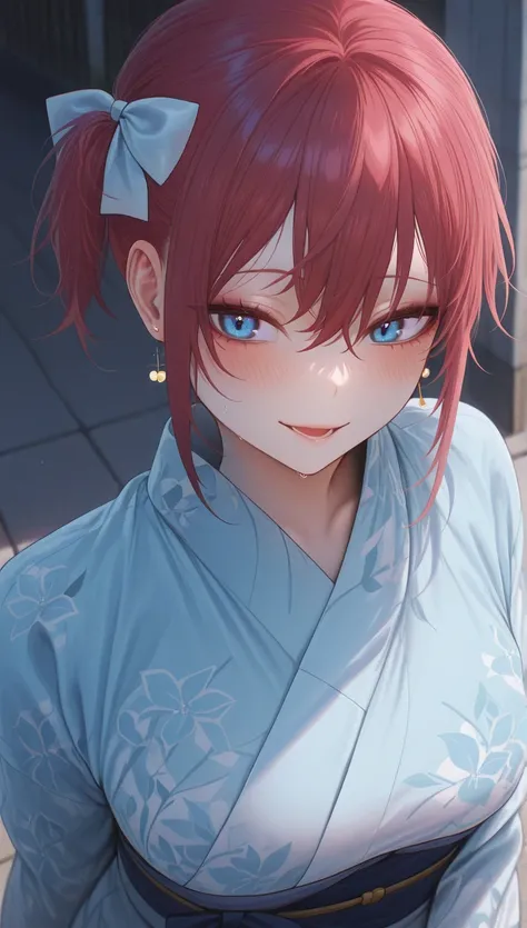 (masterpiece), (portrait), medium breasts (aesthetics), ((1 female 21 years old)), Highlight earrings), ((short hair, bow in her hair)), ((Hot crystal red hair, side mini ponytail)), ((Nagisa Minase)) straight hair, thin eyes open, cold look, blue eyes, cu...