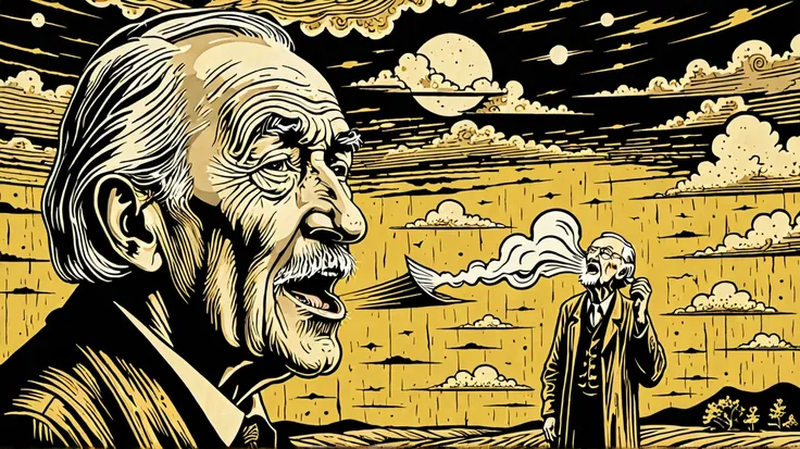 Create a rustic woodcut style image digital art surreal, using only black, beige, and yellow colors.

 a wise old man speaking while wind comes out of his mouth.



The image conveys a feeling of being a dream.

