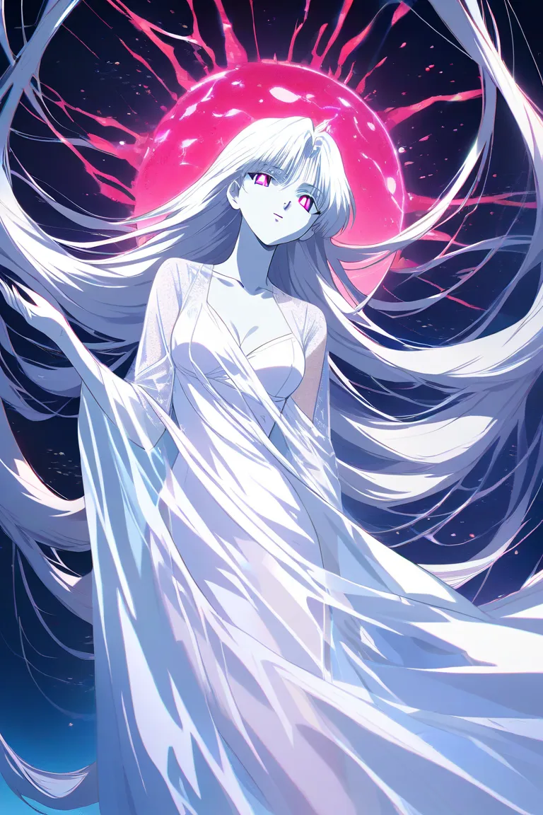 Albino, white skin, absurdly long hair, slender, violet eyes, 90s anime, ethereal beauty, shimmering white hair, solo female, closeup most beautiful women in the world, pink pupils, simple white dress, draped, see through