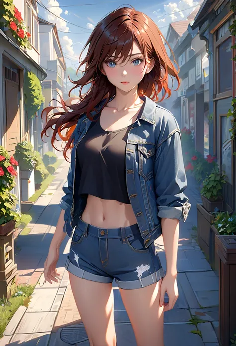 ((medium breasts,  long hair,  small head)), daylight, sunlight, ( clear abs : 1.1), (perfect body: 1.1), (Short Wave Hair: 1.2), Auburn Hair,  color, Lock,  full body photo, Shabby Street, Wearing a black tank top,  denim jacket, (( shorts)), ( very detai...