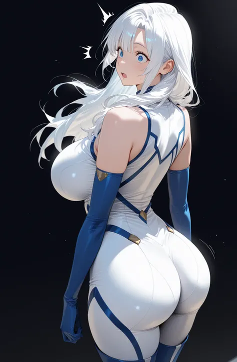 ((solo)), 1 woman, {mature body}, {blue eyes}, {long hair}, {white hair}, {bangs}, {big breasts}, {big ass}, {((sleeveless)) white bodysuit}, {blue elbow gloves}, {blue thigh boots}, {surprised expression}, {arms at sides}, {pitch black background}, {back ...