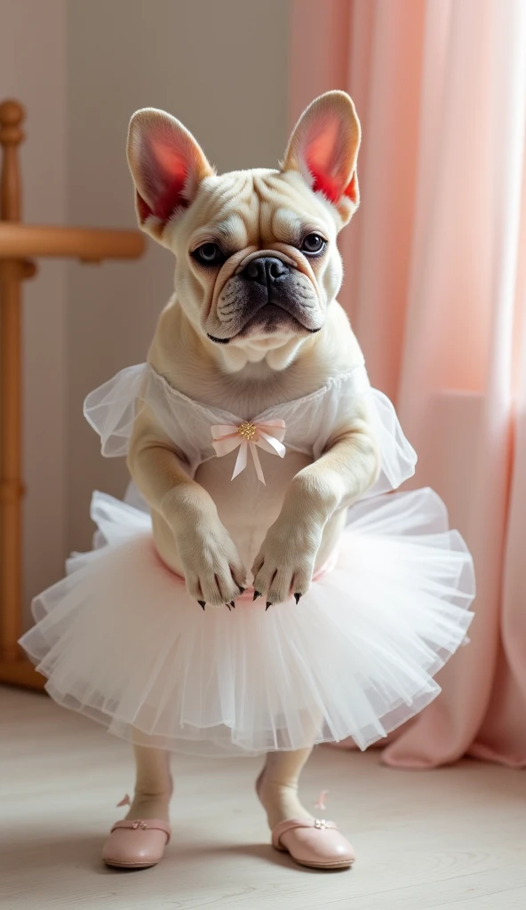 A delightful photograph of a charming cream coloured French bulldog confidently standing on its hind legs, exuding a playful and adorable demeanour. . Dressed in an elegant white ballerina dress with matching shoes and a dainty satin bow, the dog is the ep...