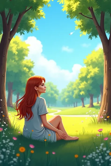 Create an image of her in a park sitting on the grass 