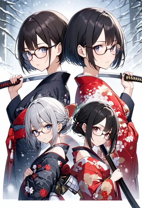 score_9, score_8_up, score_7_up, score_6_up, score_5_up, score_4_up, source anime,2girl,multiple,twins,black short hair,medium breasts,wearing glasses,japanese traditional kimono printed winter pattern,bare shoulder,cleavage cutout,blash up own hair,holdin...