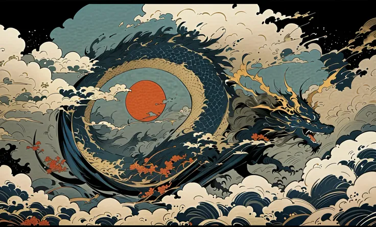 Ink Painting, Delicate and precise, Modern ukiyo-e style, yellow with slight black dragon, thunder dragon, mythical dragon