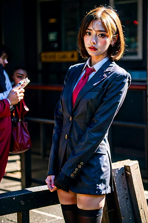 1 girl, full body photography, athletic, blonde hair, school uniform, gray cut suit jacket, Satoko, mid-short hair, wide hips, Volumetric lighting, best quality, masterpiece, intricate details, tone mapping, Sharp focus, hyper detailed, trending on artstat...