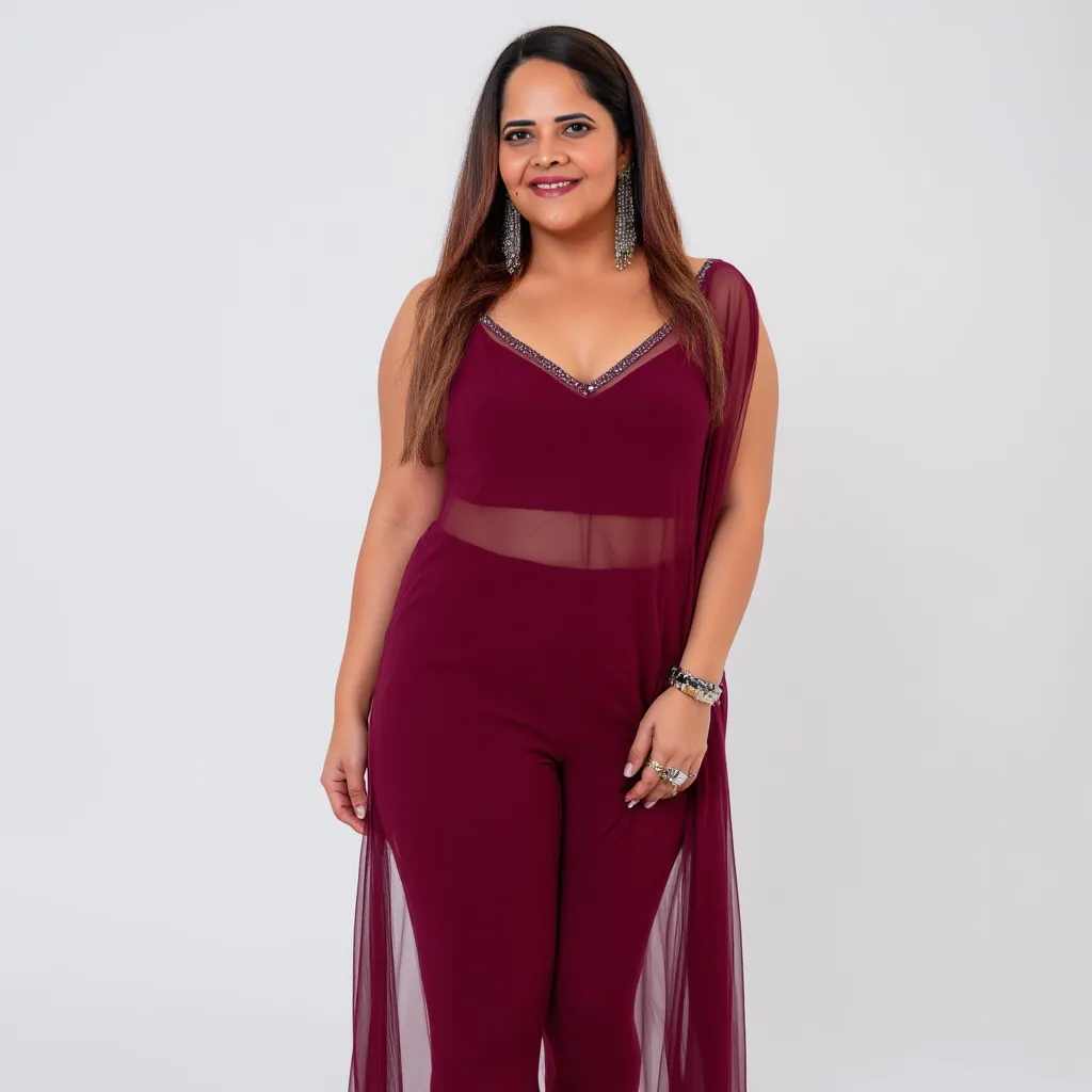 Anasuya 45 years old plum milf in a well-lit studio setting, She is a slightly plump Indian woman with a radiant, fair complexion. Her face glows with confidence,  curvy body is beautifully enhanced by the slit dress. The slit dress, made of sheer chiffon,...