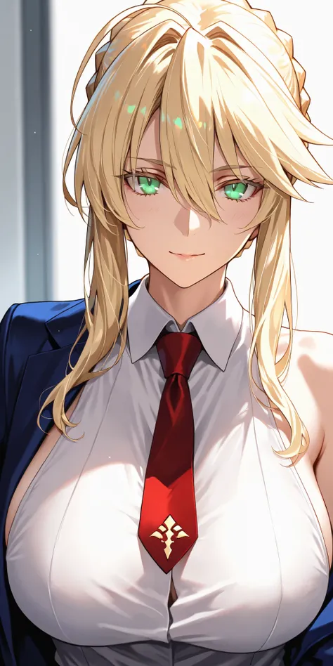 Masterpiece, very aesthetic, vibrant, high contrast, high resolution, ultra detailed, elegant mature woman, milf, artoria pendragon (lancer) (fate), curvaceous, upper body, tie, sleeveless collared shirt, jacket, side boobs, soft light, /(fate/grand order/...