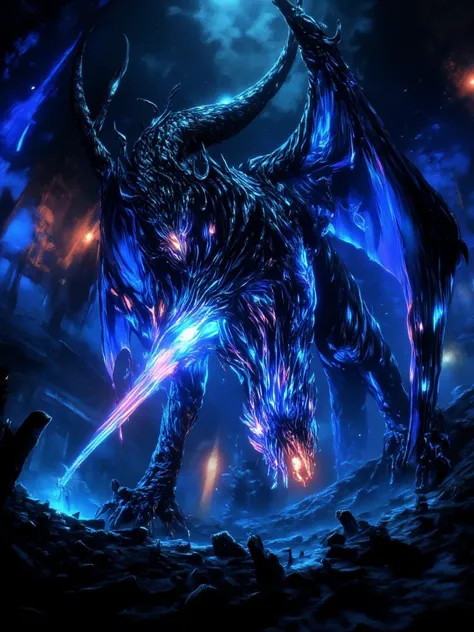 Huge black and deep dark blue Dragon, black bioluminescent body featuring neon-lit parts on its scales.